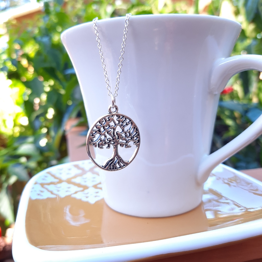 Branch & Root Tree Pendant Silver Tone Necklace